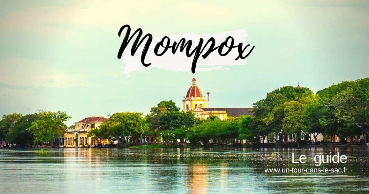 Vue du fleuve avec bâtiments et arbres à Mompox en Colombie.