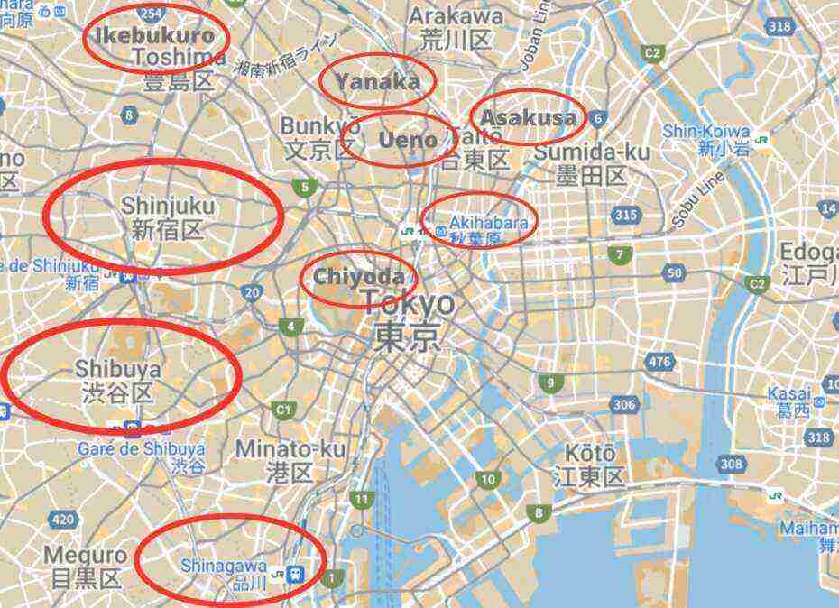 Carte dans quel quartier dormir à Tokyo ?