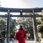 Personne devant une grande porte torii en bois dans un parc à Tokyo.