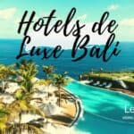 Vue d'une piscine de luxe avec vue sur la mer à Bali, palmiers et transats.