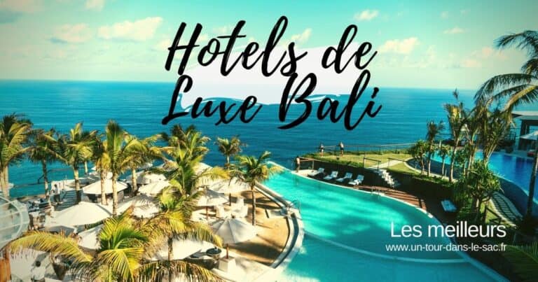 Vue d'une piscine de luxe avec vue sur la mer à Bali, palmiers et transats.