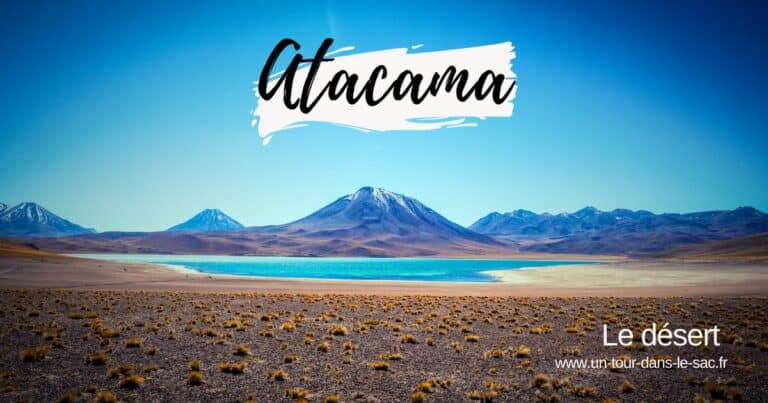 Paysage du désert d'Atacama avec montagnes et lagune en arrière-plan.