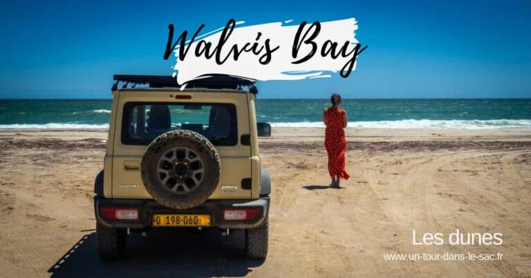 Une voiture 4x4 sur la plage de Walvis Bay, une femme regarde l'océan.