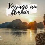 Femme regardant le coucher de soleil sur une baie avec des îles karstiques.