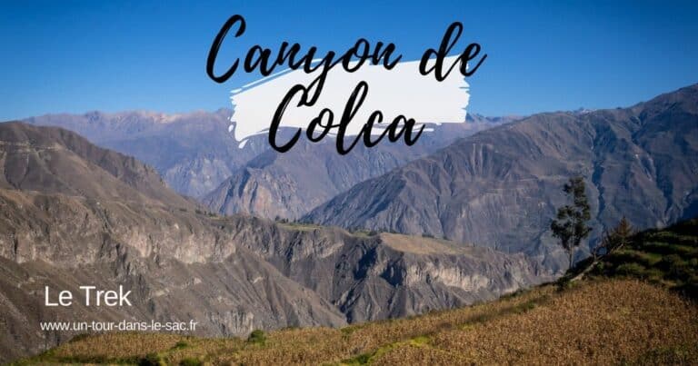 Vue panoramique du Canyon de Colca avec montagnes et ciel bleu.