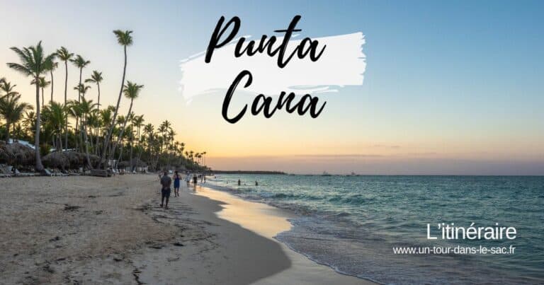 Plage de Punta Cana avec palmiers et coucher de soleil.