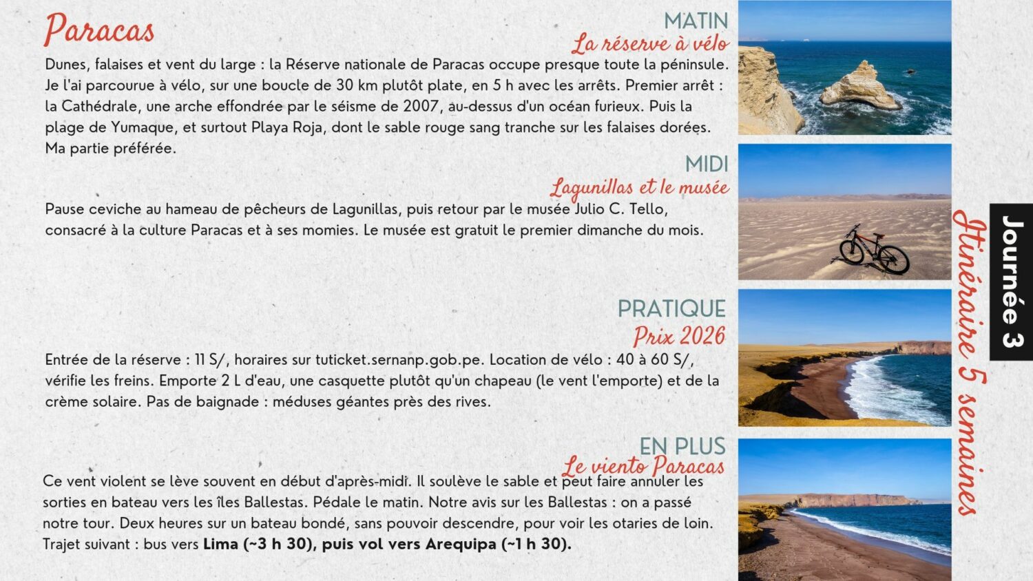 Plage de Paracas avec rochers, mer et ciel bleu en Pérou.