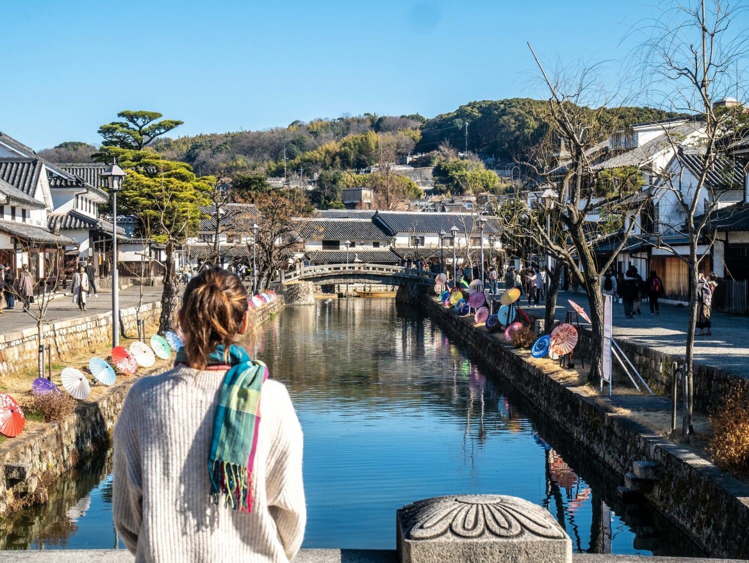Promenade le long du canal de Bikan à Kurashiki, ombrelles et saules