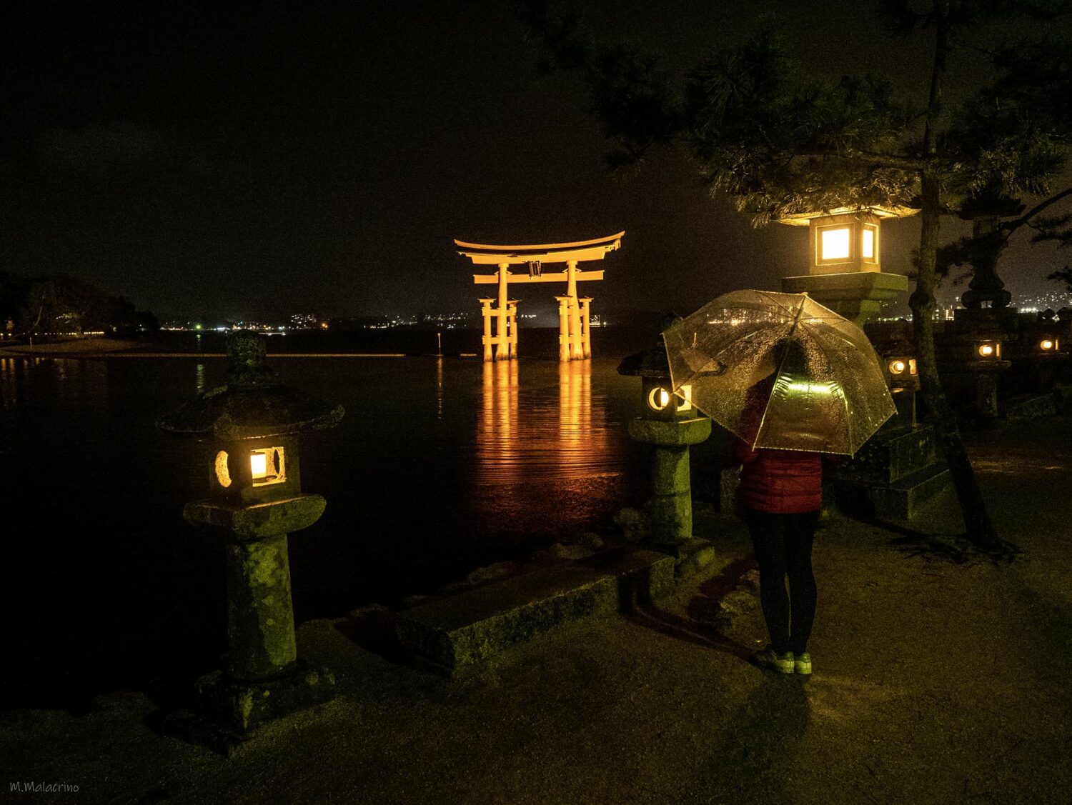 Le torii illuminé et les lanternes du rivage de Miyajima sous la pluie